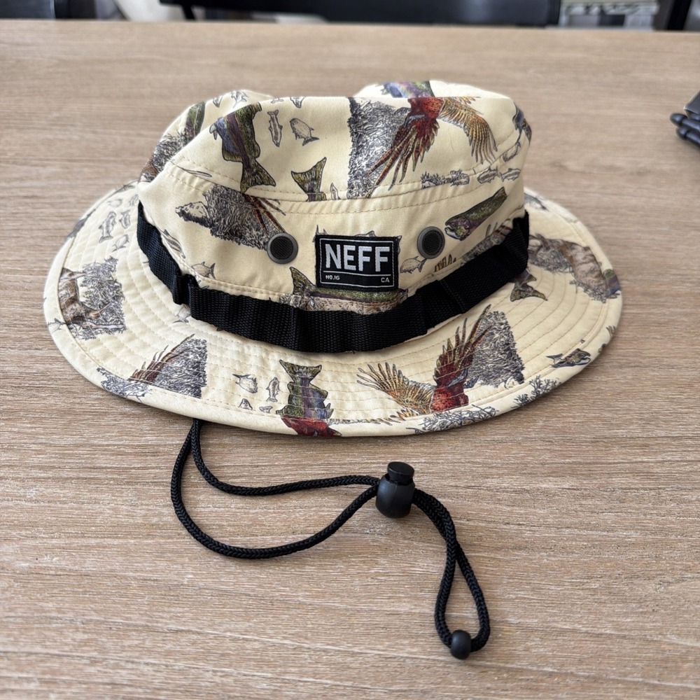 Rare NEFF Boonie Bucket Hat  Adj. Chin Strap Streetwear Fishing Hunting Motif